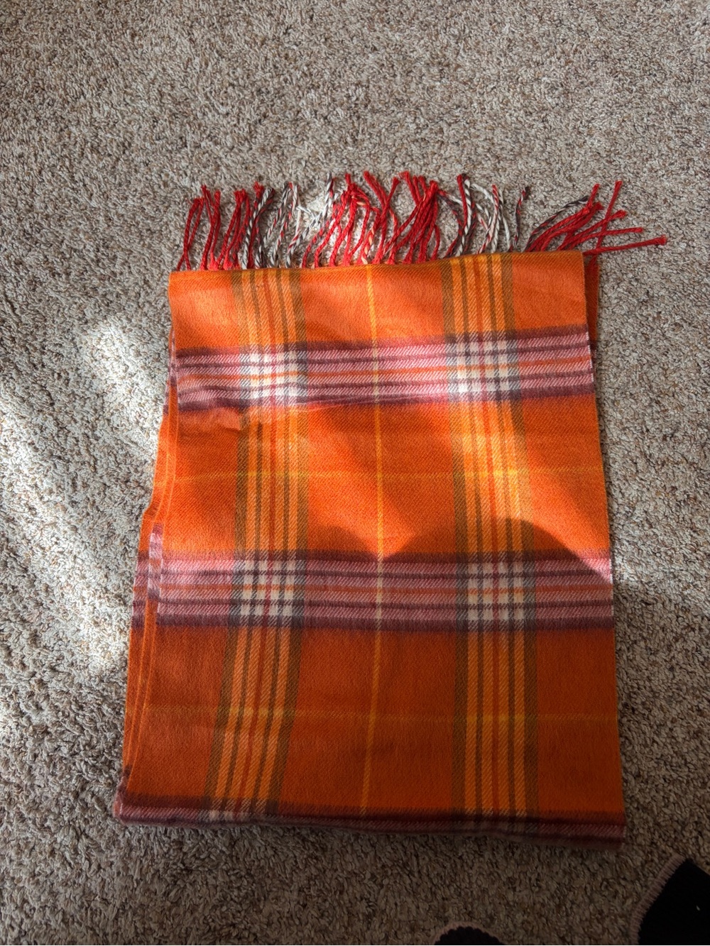 Orange Plaid Fringe cashmere scarf 58 inches long